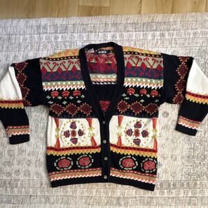 Vtg Multicolored Textured Embroidered 3D Knit Cardigan Sweater Graphic 80s - S